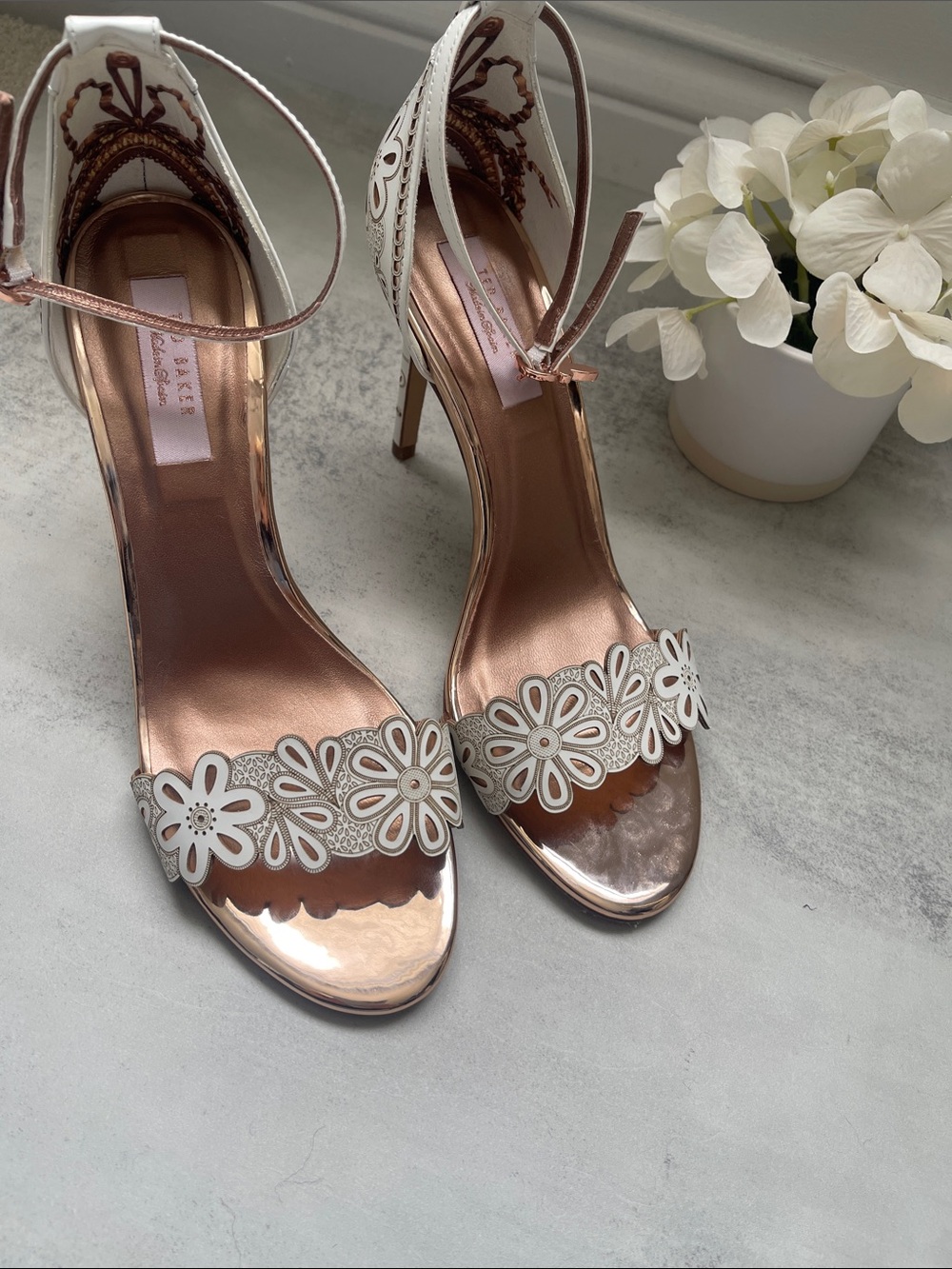 Ted Baker Cimaa Ivory and Rose Gold Laser Cut Floral Stiletto Heeled Sandal - Picture 2 of 10